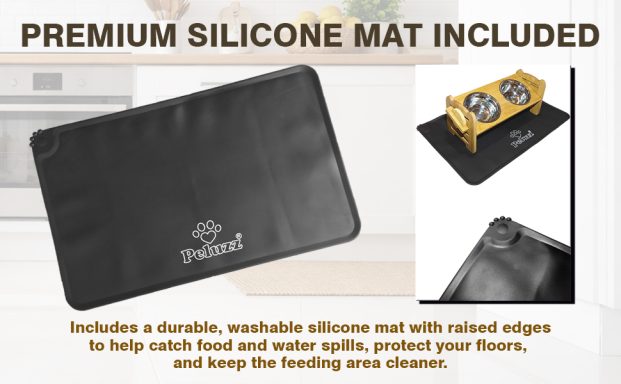 Premium Peluzz silicone feeding mat included with the raised pet feeder