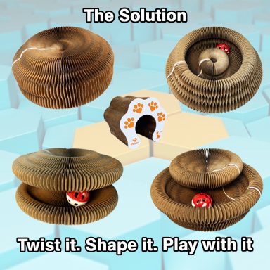 Peluzz cat scratcher showing different play shapes and uses for indoor cats