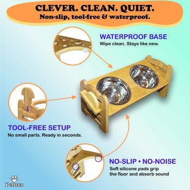 Peluzz raised pet feeder highlighting tool-free setup, waterproof base, and quiet non-slip design