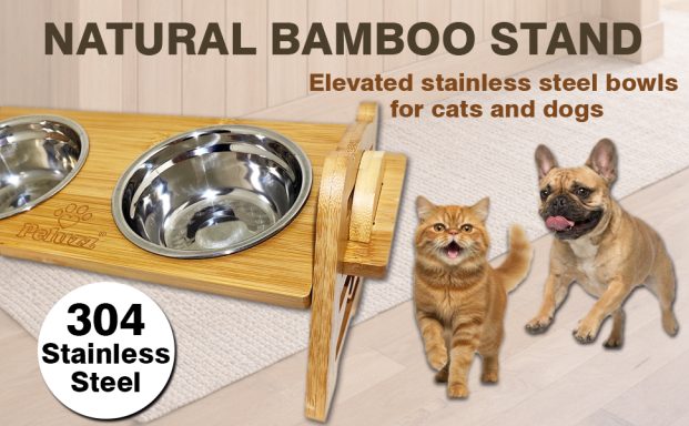 Peluzz raised pet feeder with natural bamboo stand and stainless steel bowls
