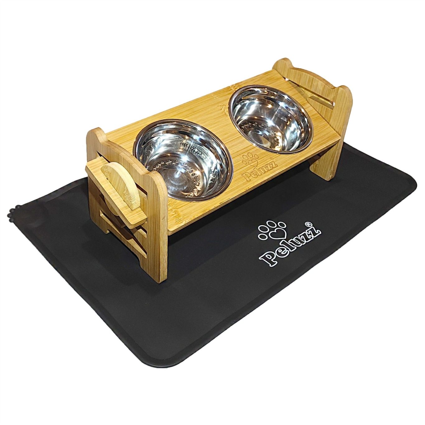 Peluzz adjustable raised pet feeder with stainless steel bowls and feeding mat for cats and small dogs