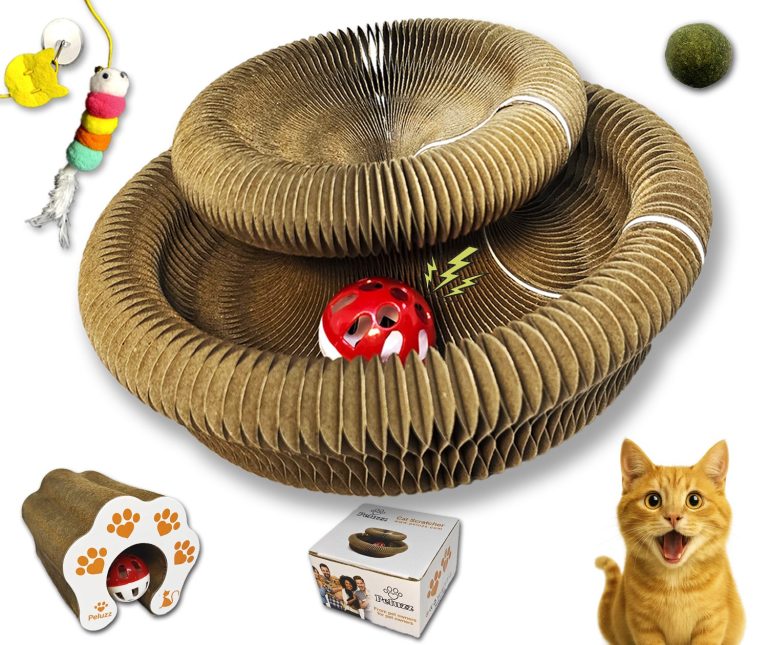 Peluzz interactive cardboard cat scratcher with toys and catnip ball for indoor cats