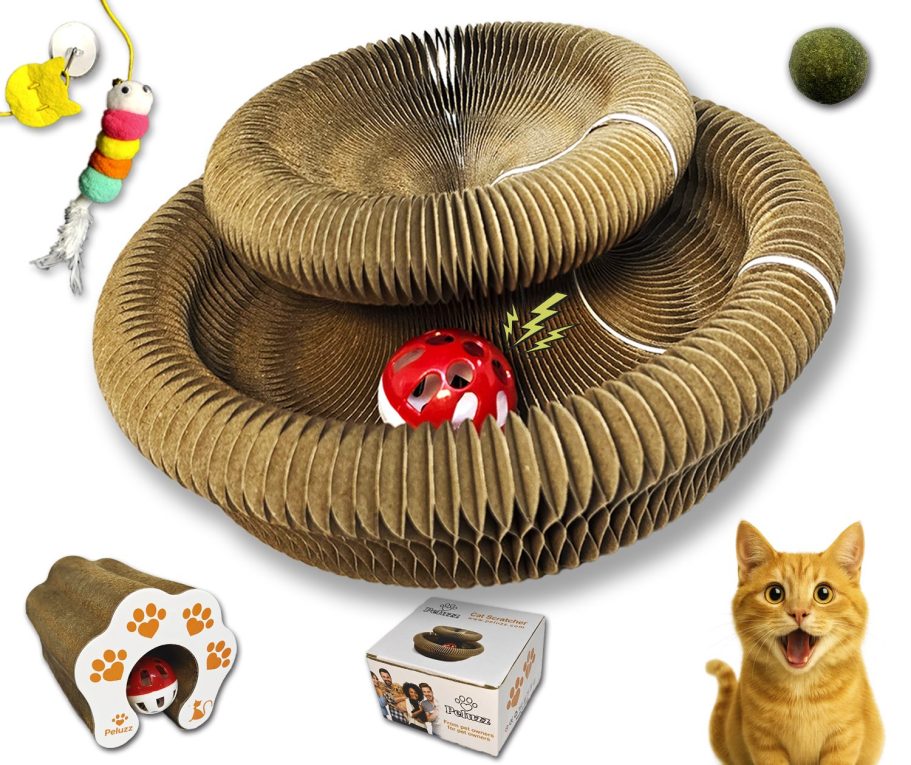 Peluzz interactive cardboard cat scratcher with toys and catnip ball for indoor cats
