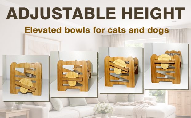 Peluzz adjustable raised pet feeder showing multiple height positions for cats and small dogs
