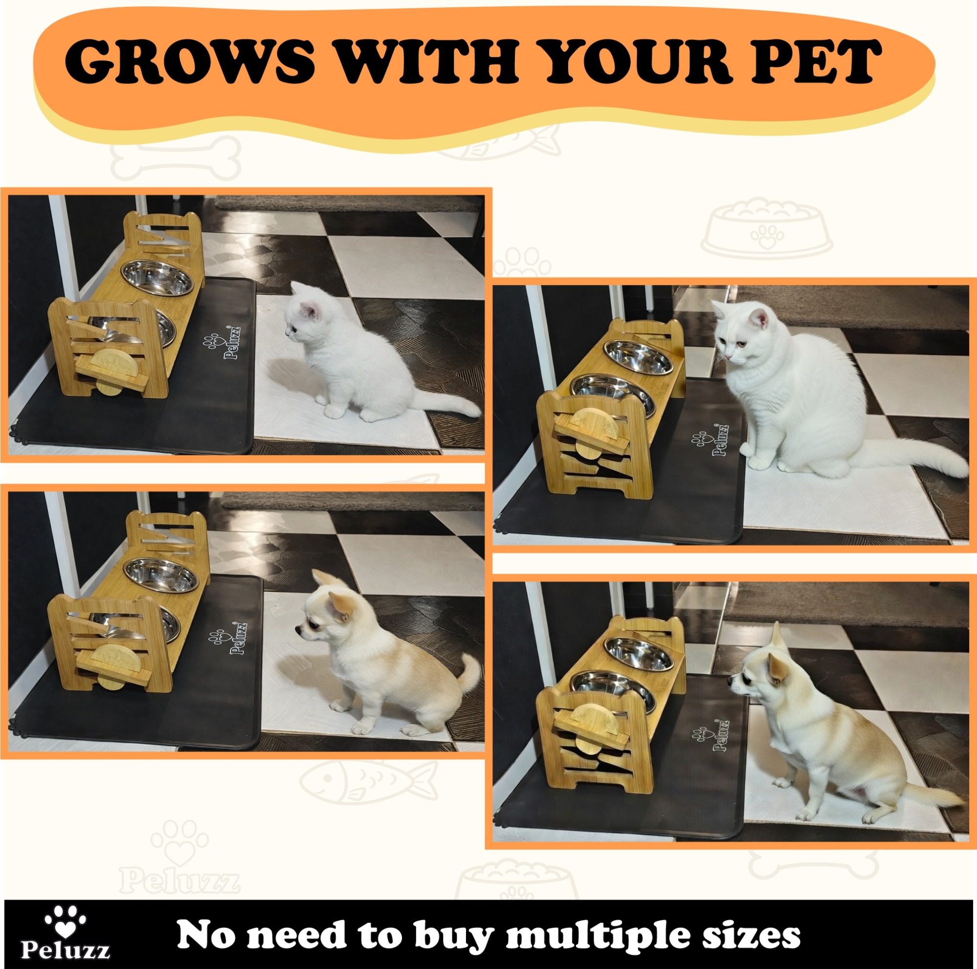 Peluzz raised pet feeder shown with a cat and a small dog to highlight adjustable height