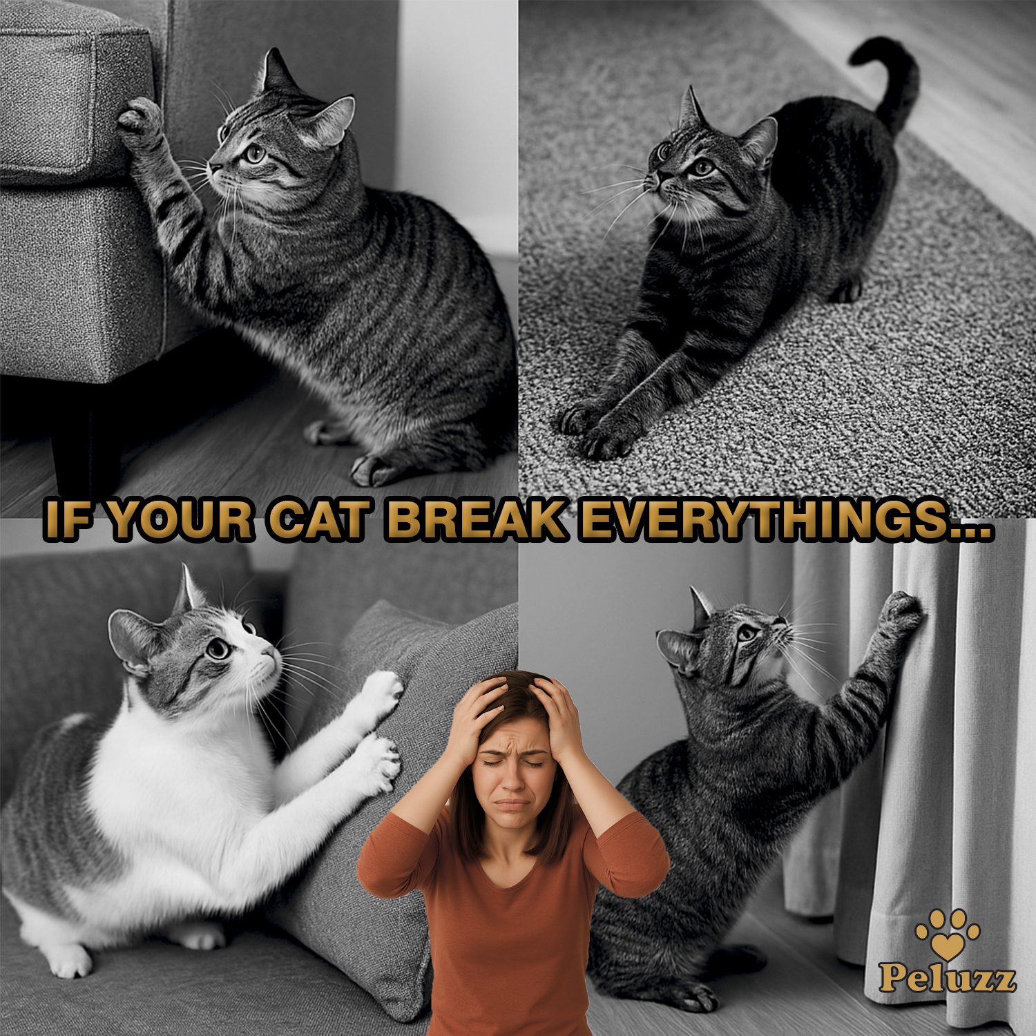 Cats scratching furniture at home, showing the problem Peluzz cat scratcher helps solve